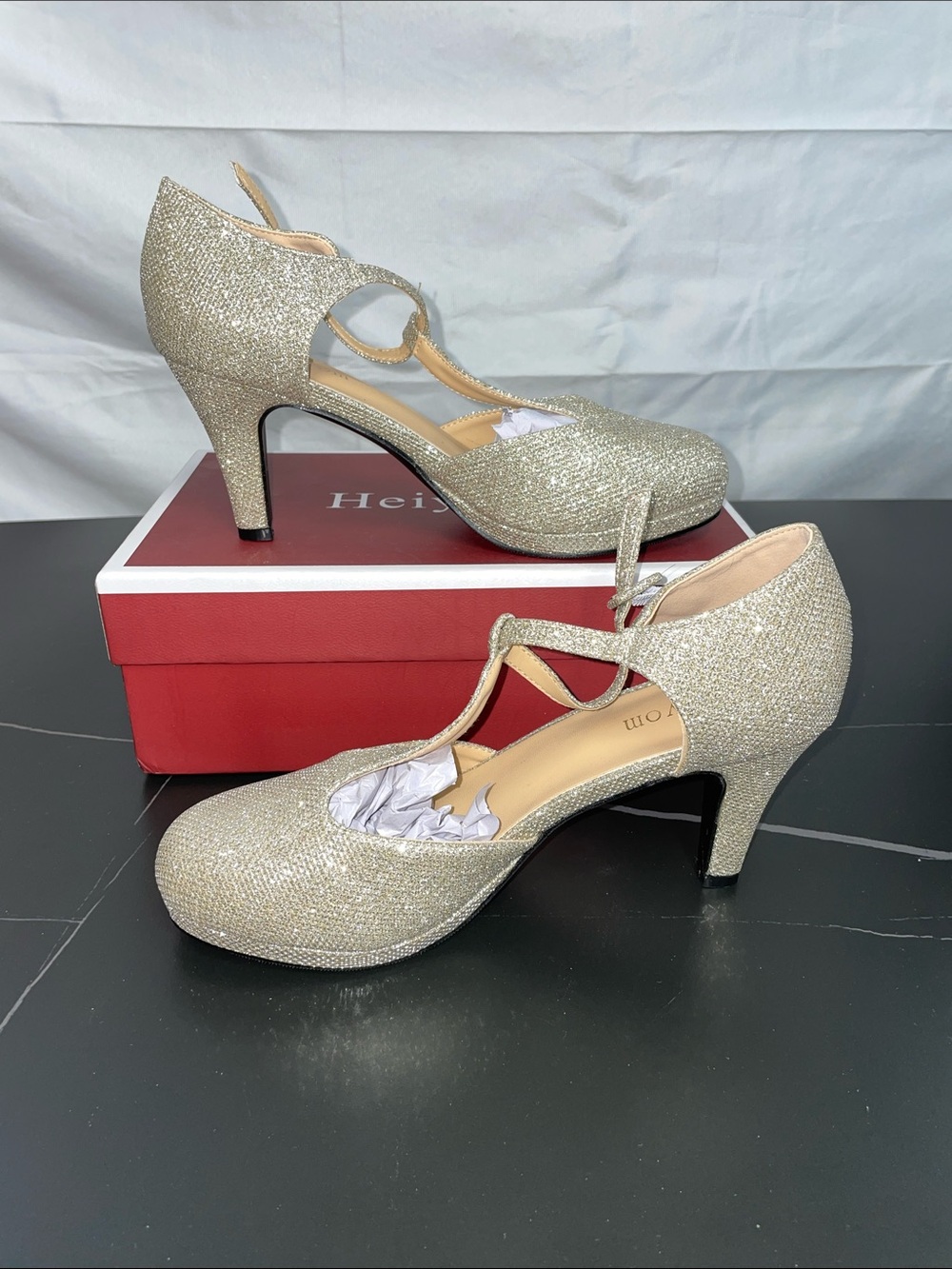 Glitter T-Strap Heels in Gold - Women Shoes Heels